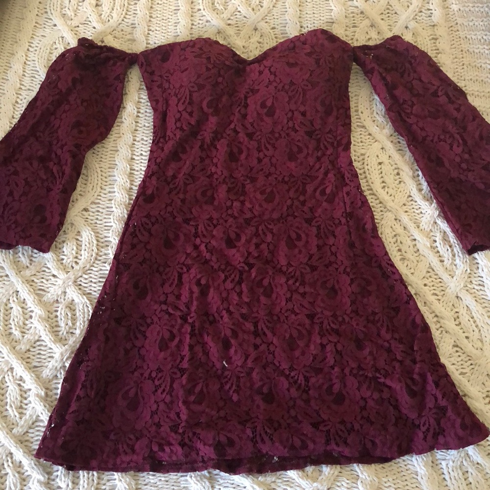 Burgundy lace dress.